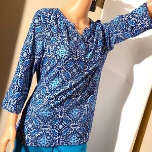 Kim Rodgers Blue Medallion 1/4 Sleeve Blouse